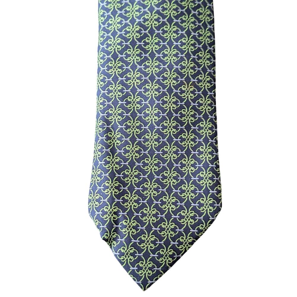 Vintage Hermès 100% Silk Men's Blue Tie With Green Geometric Designs